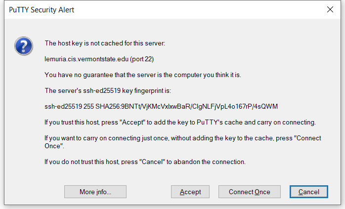 PuTTY Security Alert Dialog